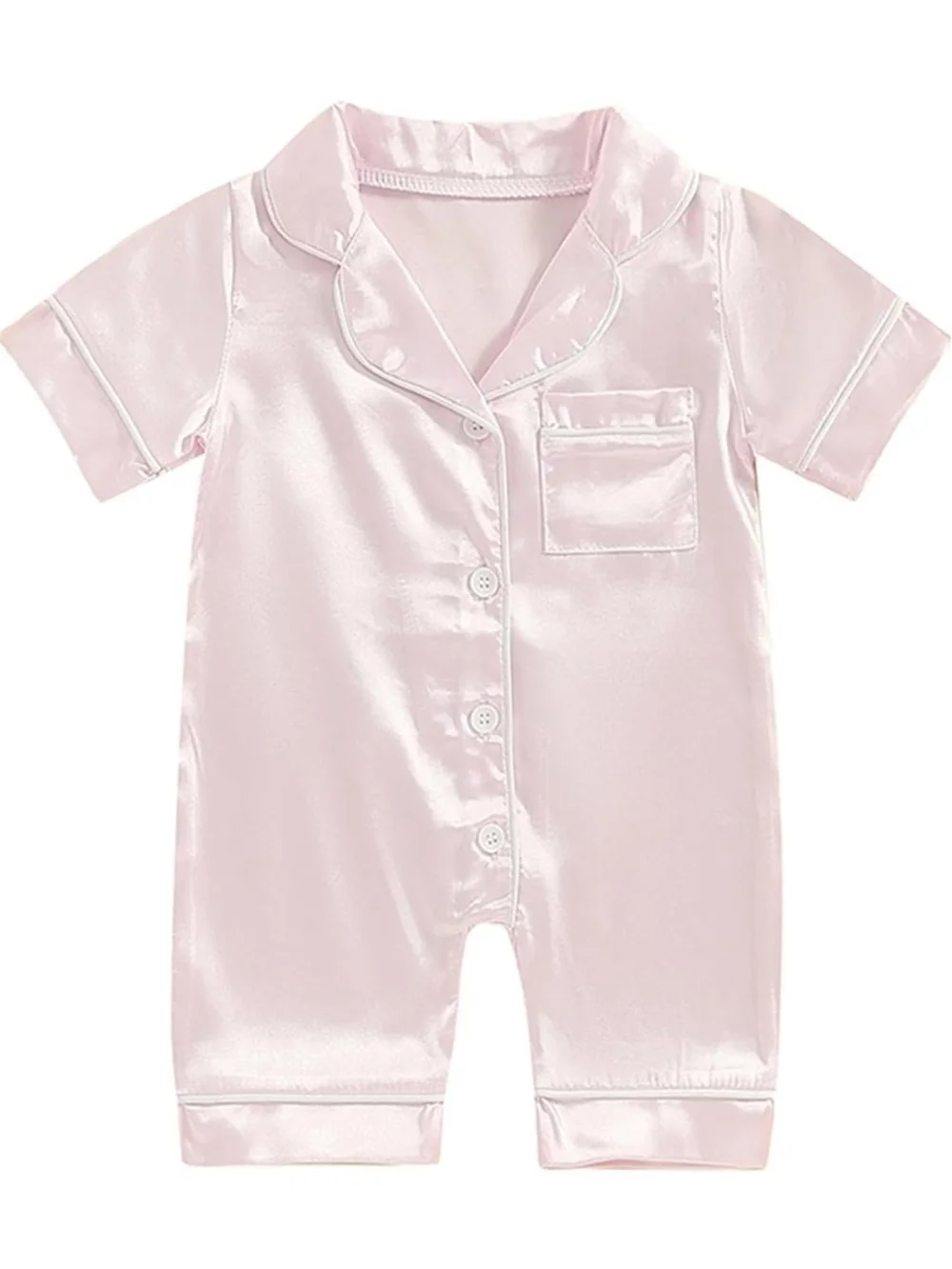 Infant Satin Pajamas Romper Pink Blue 6M 12M 18M Button Up Short Sleeve Jumpsuit